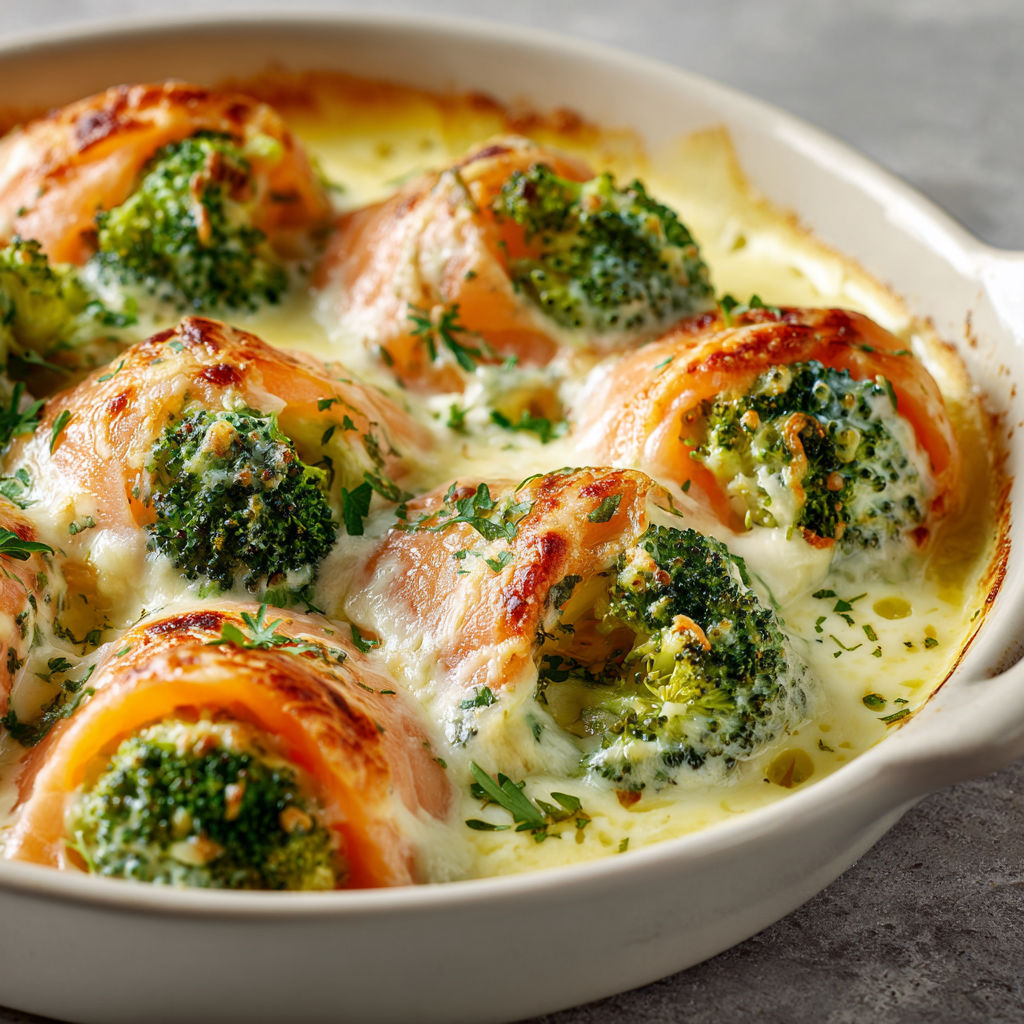 Gratin crémeux au saumon fumé et brocolis.