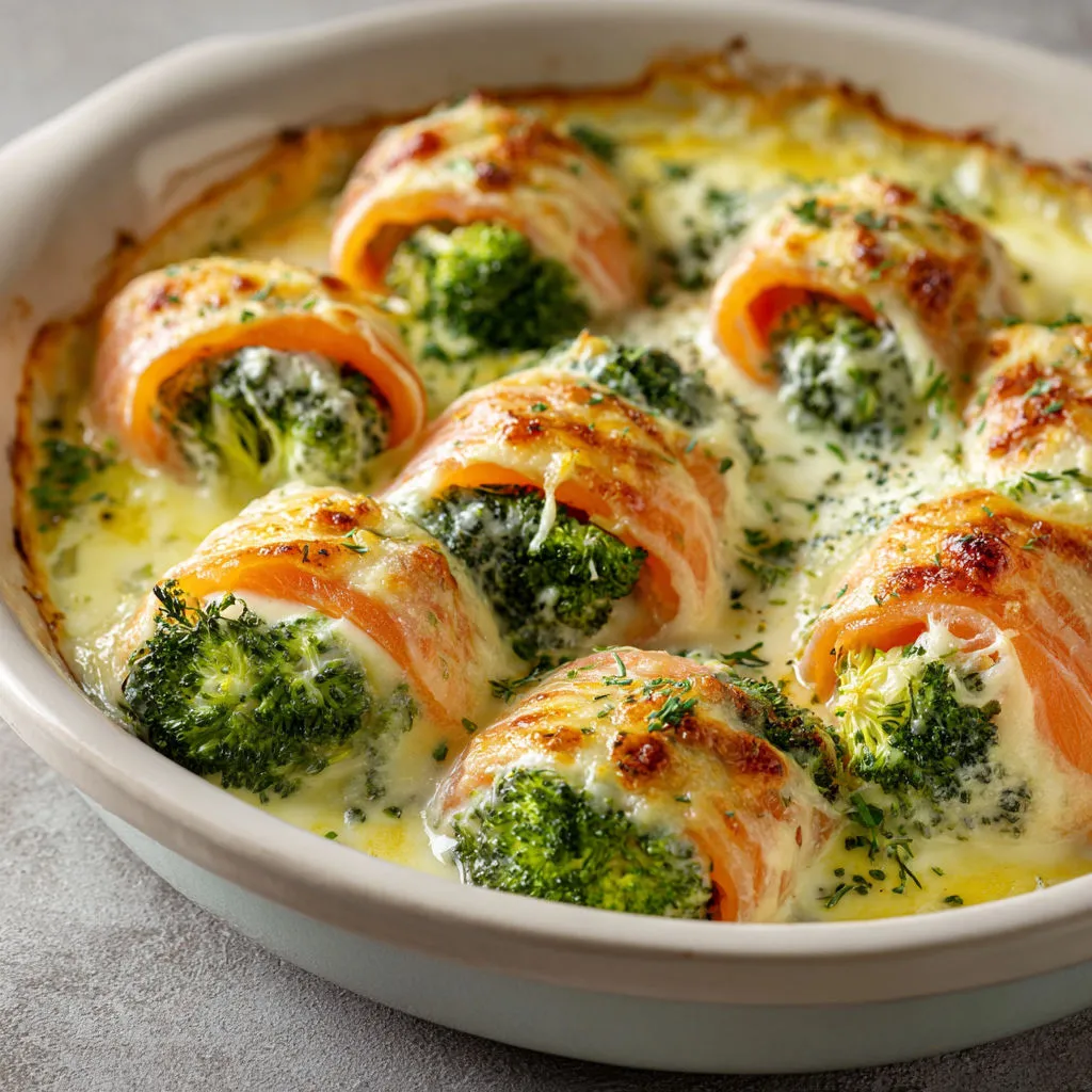 Roulés saumon fumé et brocoli en sauce fondante.