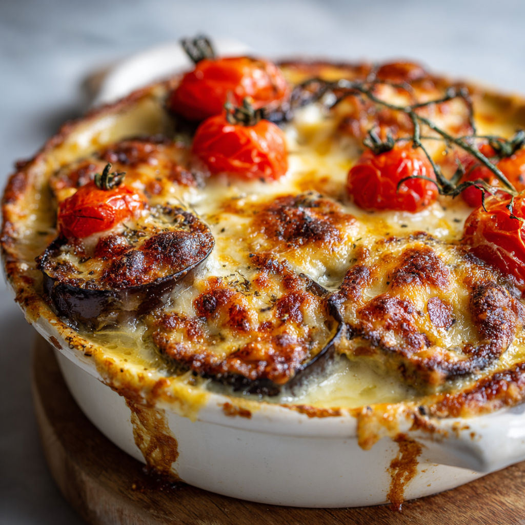 Gratin tout doux d’aubergines et tomates avec béchamel fondante.