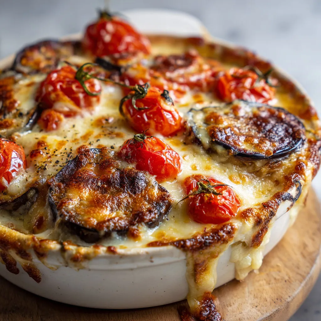 Aubergines dorées avec sauce béchamel onctueuse gratinées au four.