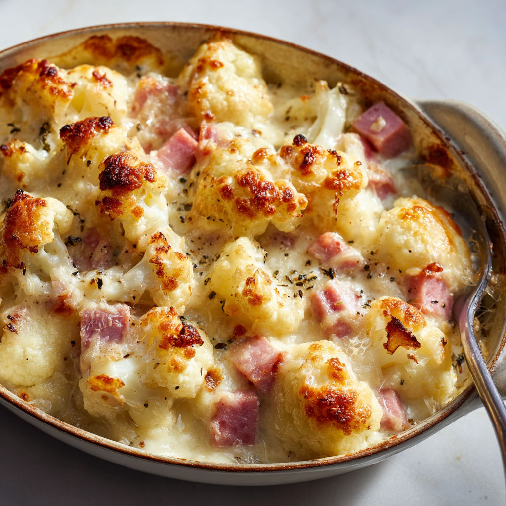 Le mélange de chou-fleur et de jambon gratiné est présenté dans un plat en métal.