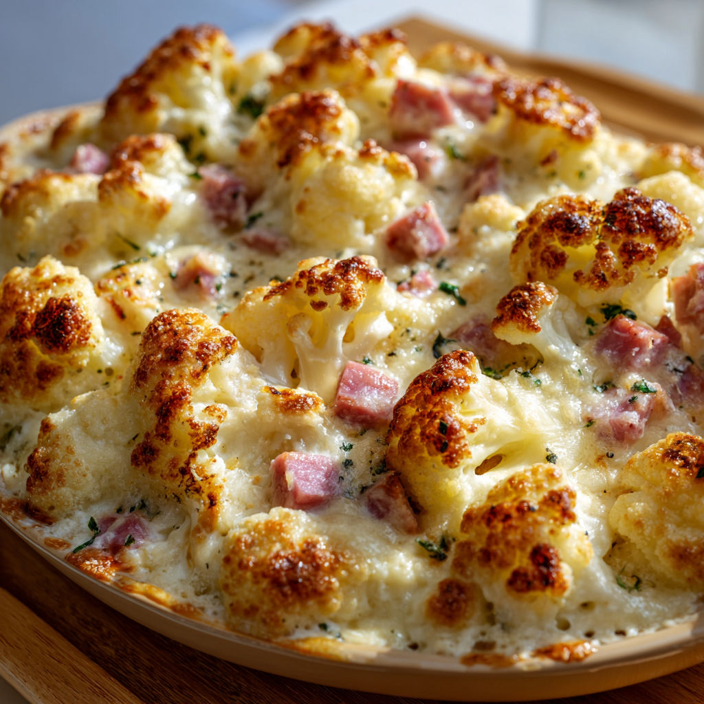 Gratin généreux chou-fleur jambon doré.