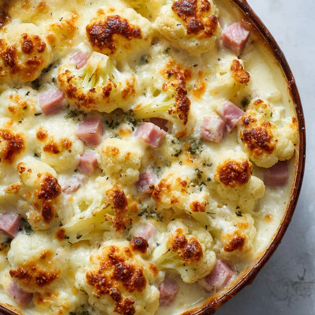 Chou-fleur tendre, jambon doré à souhait au four.