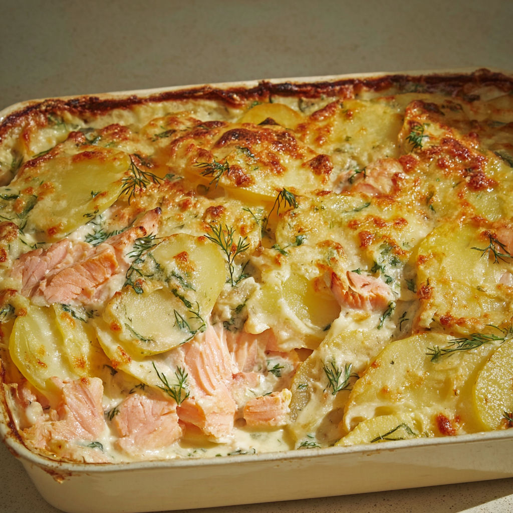 Plat de gratin au saumon et pommes de terre, agrémenté d’herbes fraîches et de légumes, présenté dans un plat métallique.