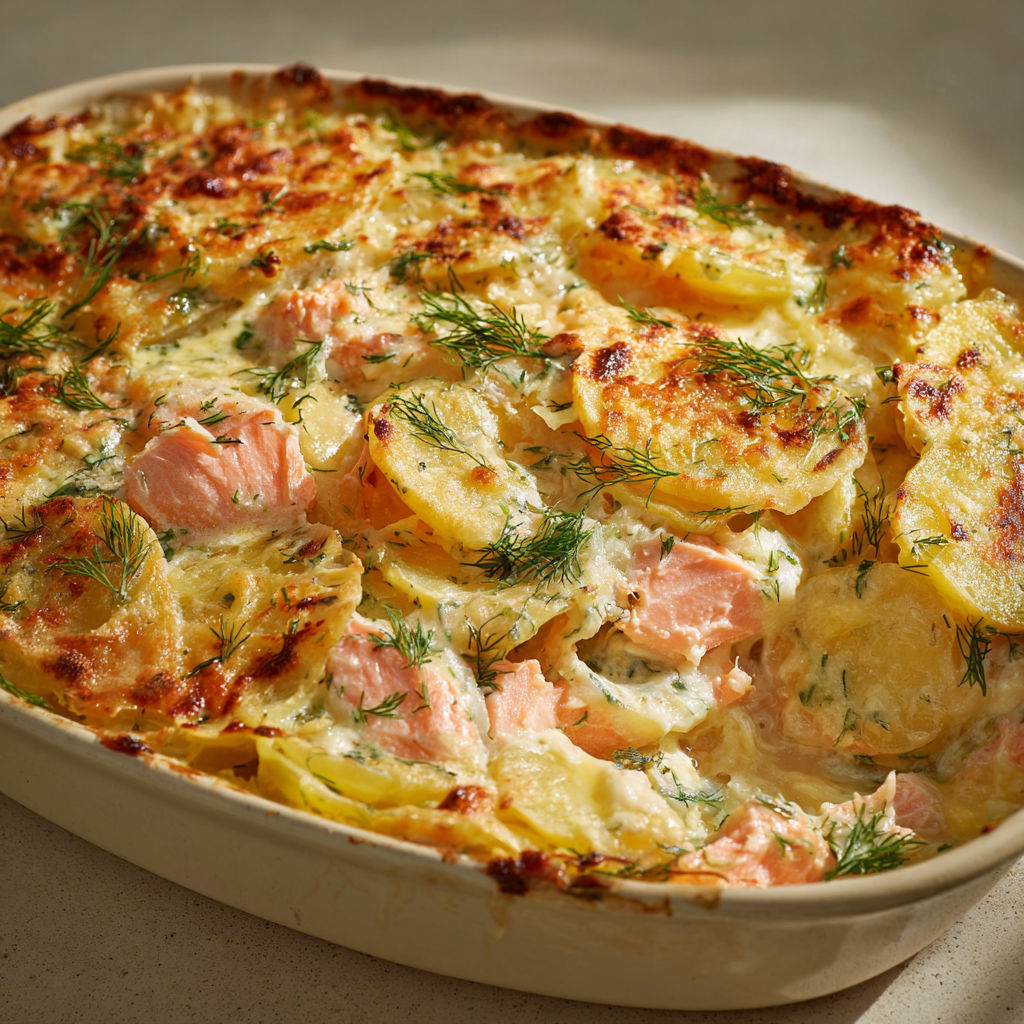 Un gratin au saumon et pommes de terre, orné d’herbes fraîches et de légumes, servi dans un bol en céramique.