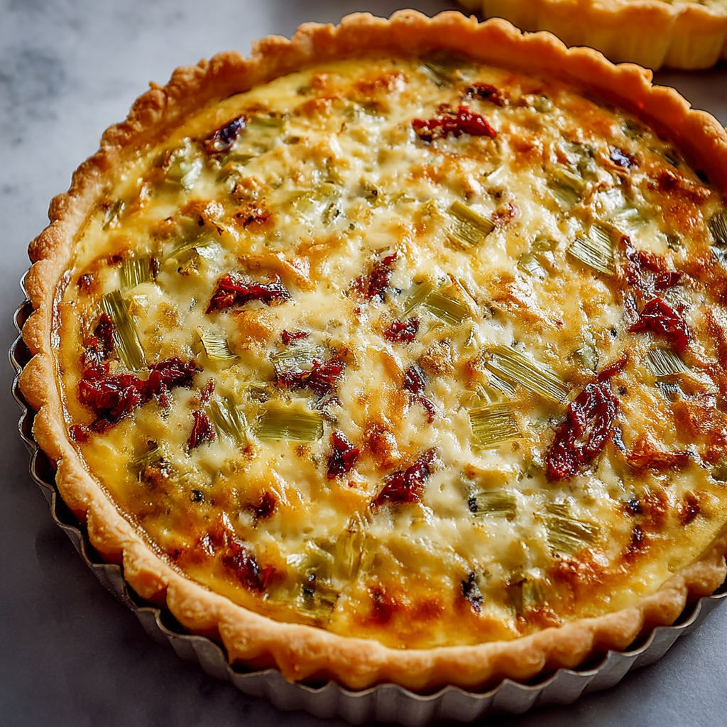 Une tarte aux légumes et fromage sur fond de pâte brisée, posée sur un plateau.