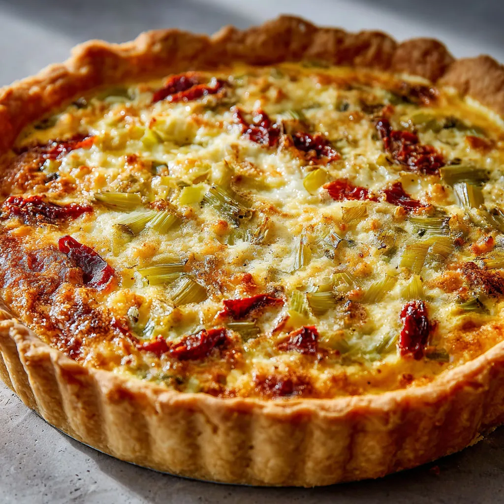 Une tarte aux poireaux, fromage et tomates confites