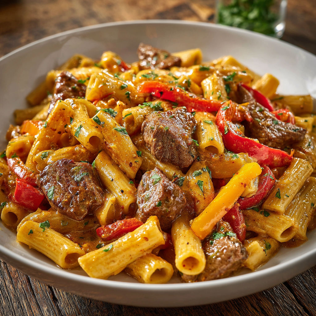 Pâtes au bœuf poêlé et poivrons colorés