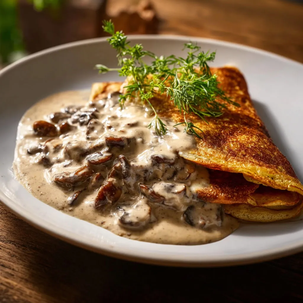 Assiette gourmande de pancakes nappés de crème aux champignons.