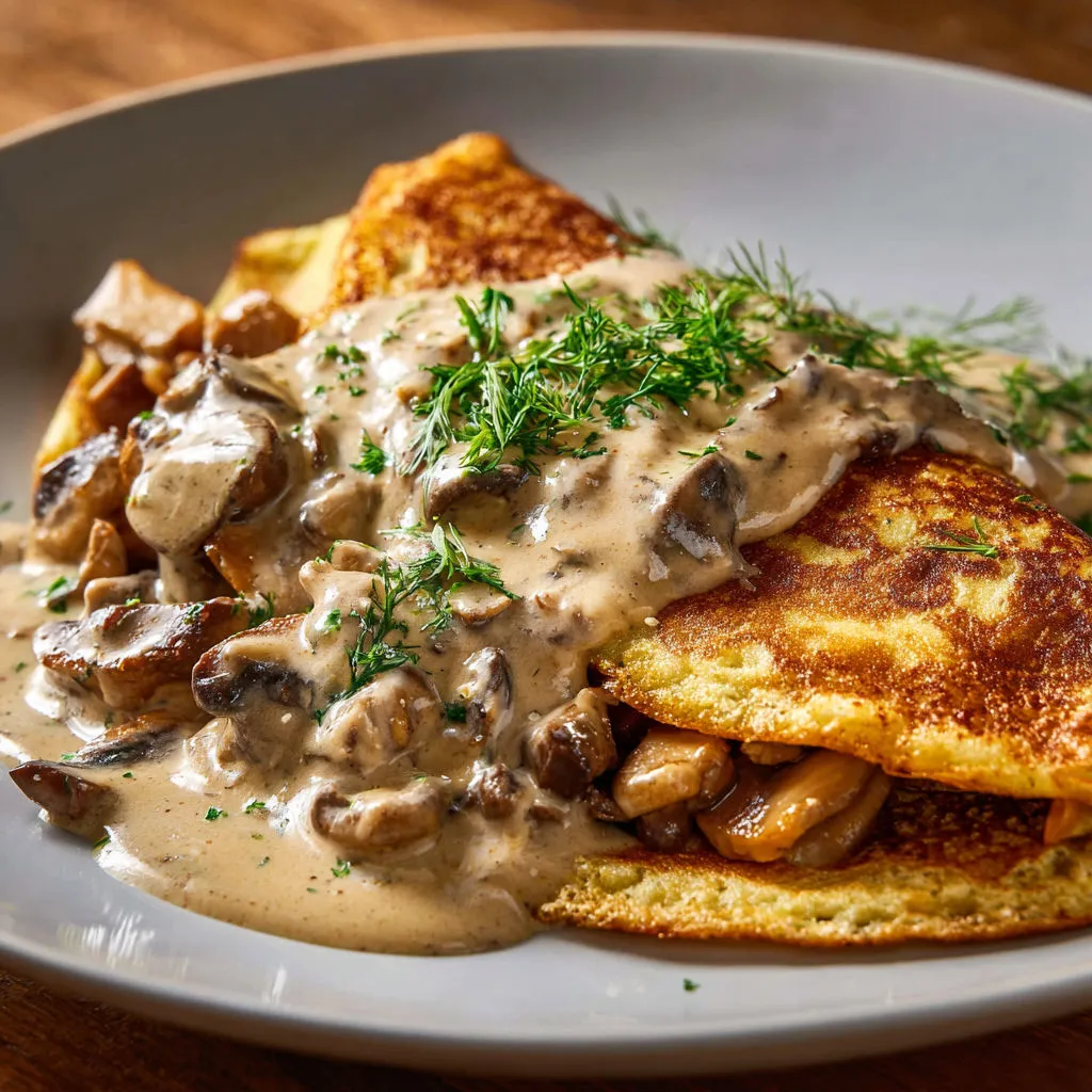 Crêpes salées aux champignons décorées d’herbes fraîches et servies avec leur sauce, sur une belle table.