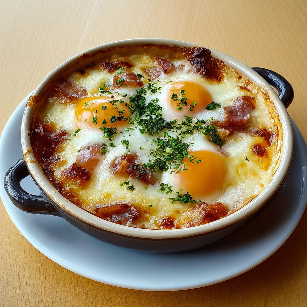 Oeufs cocotte façon rustique avec lardons et crème