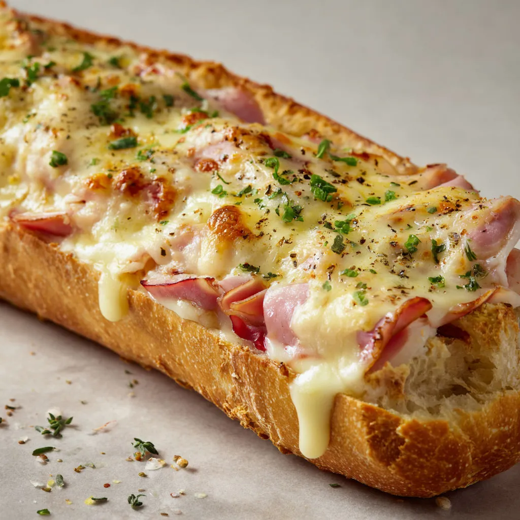 Tranches de baguette gratinée au poulet et fromage.