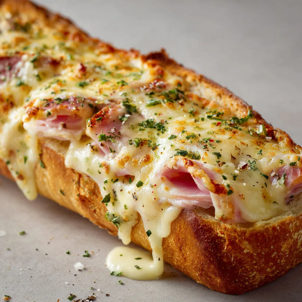 Baguette gratinée au poulet et fromage bien dorée.