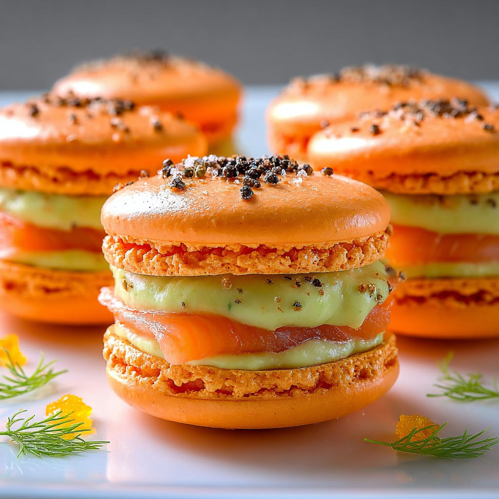 Macarons au saumon fumé et avocat citron, bouchées gourmandes et élégantes.