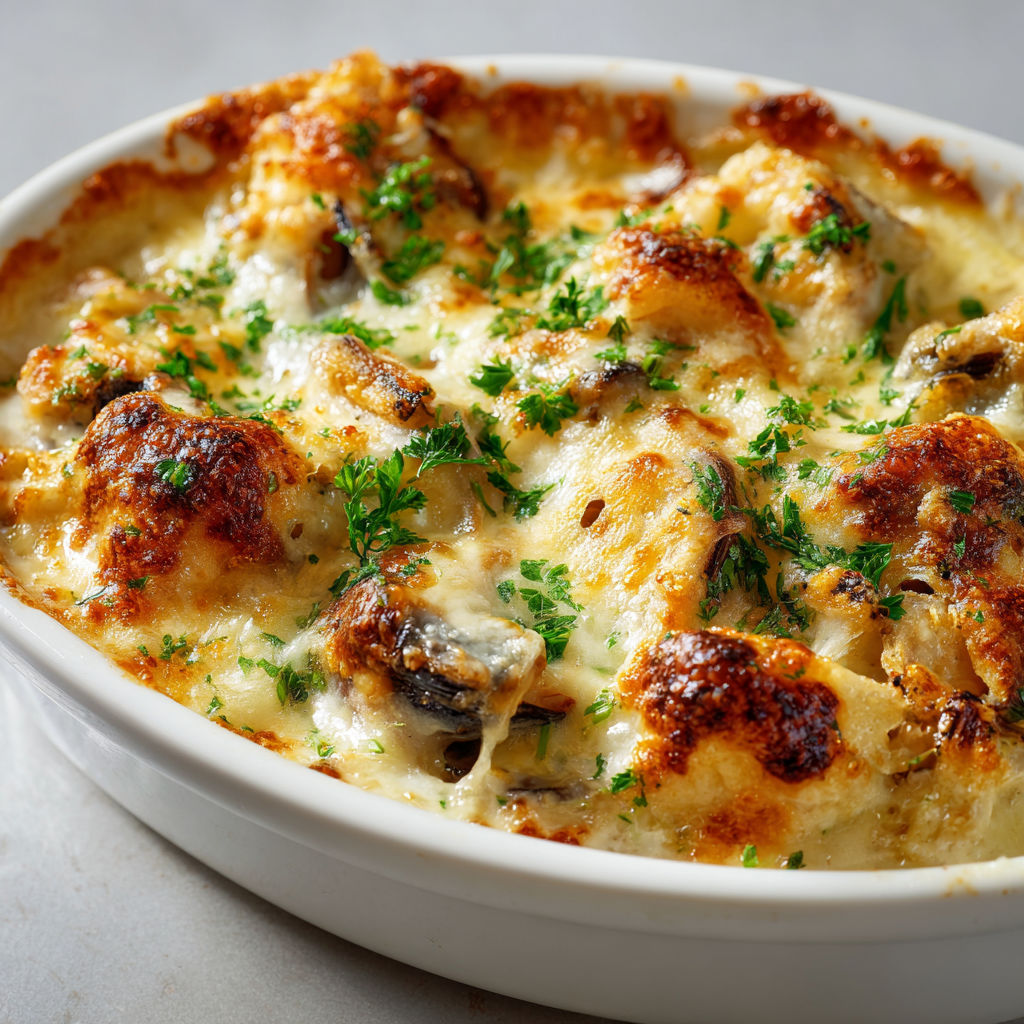 Un plat gratiné à base de poisson blanc et moules, présenté joliment dans un petit bol.