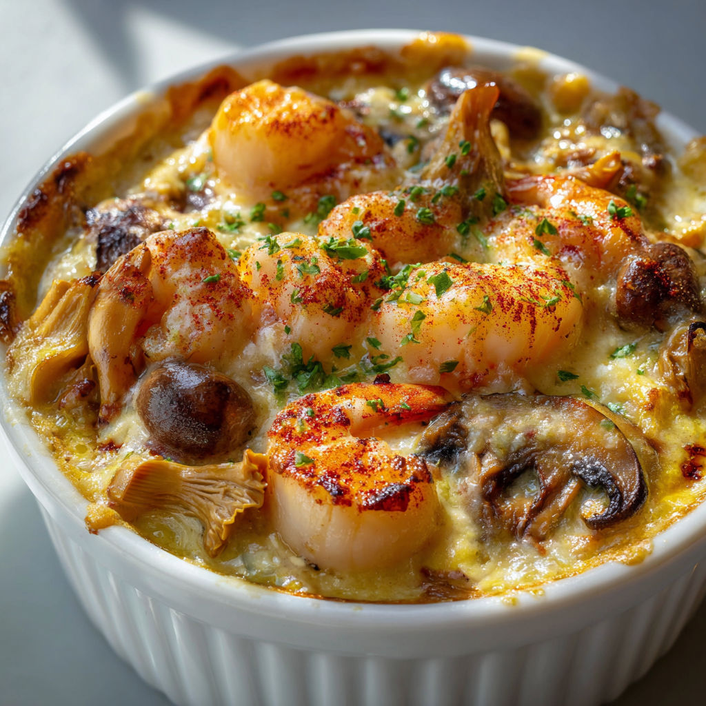 Cassolettes Gourmandes de Saint-Jacques et Gambas, Baignées dans une Sauce Crémeuse au Noilly Prat.