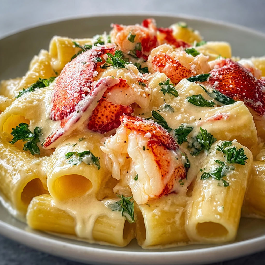 Pâtes rigatoni accompagnées de homard dans une sauce au parmesan onctueuse.