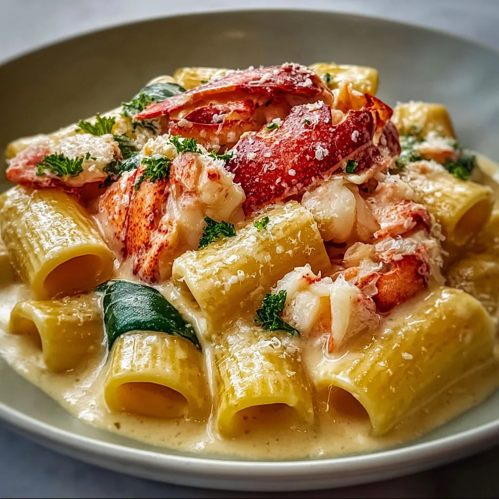 Rigatoni Savoureux avec Homard et sauce parmesan.