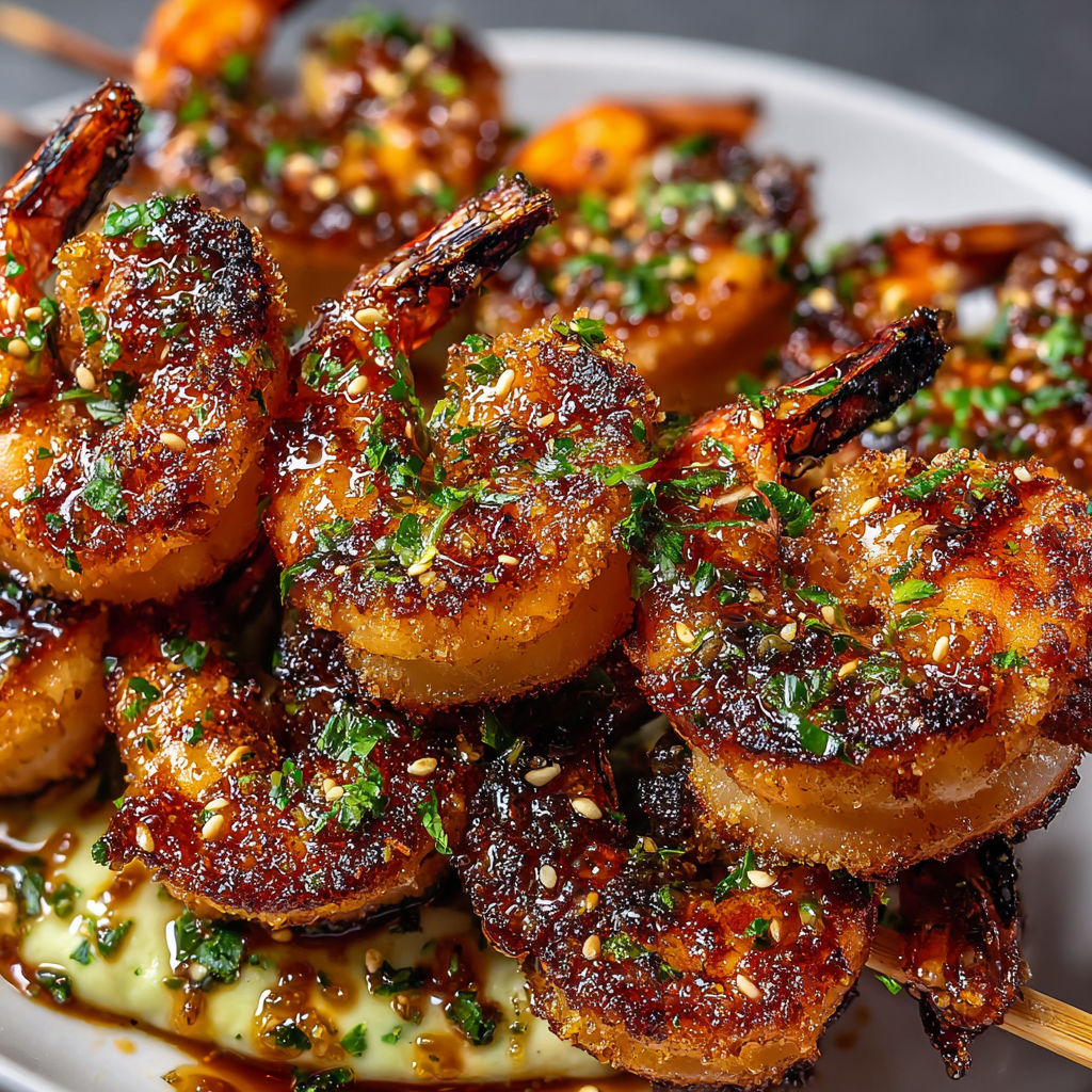 Brochettes croustillantes aux crevettes dorées et sauce acidulée, vraiment irrésistibles.