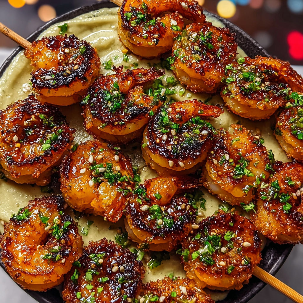 Brochettes irrésistiblement croustillantes aux crevettes marinées et à la sauce fraîche citronnée.