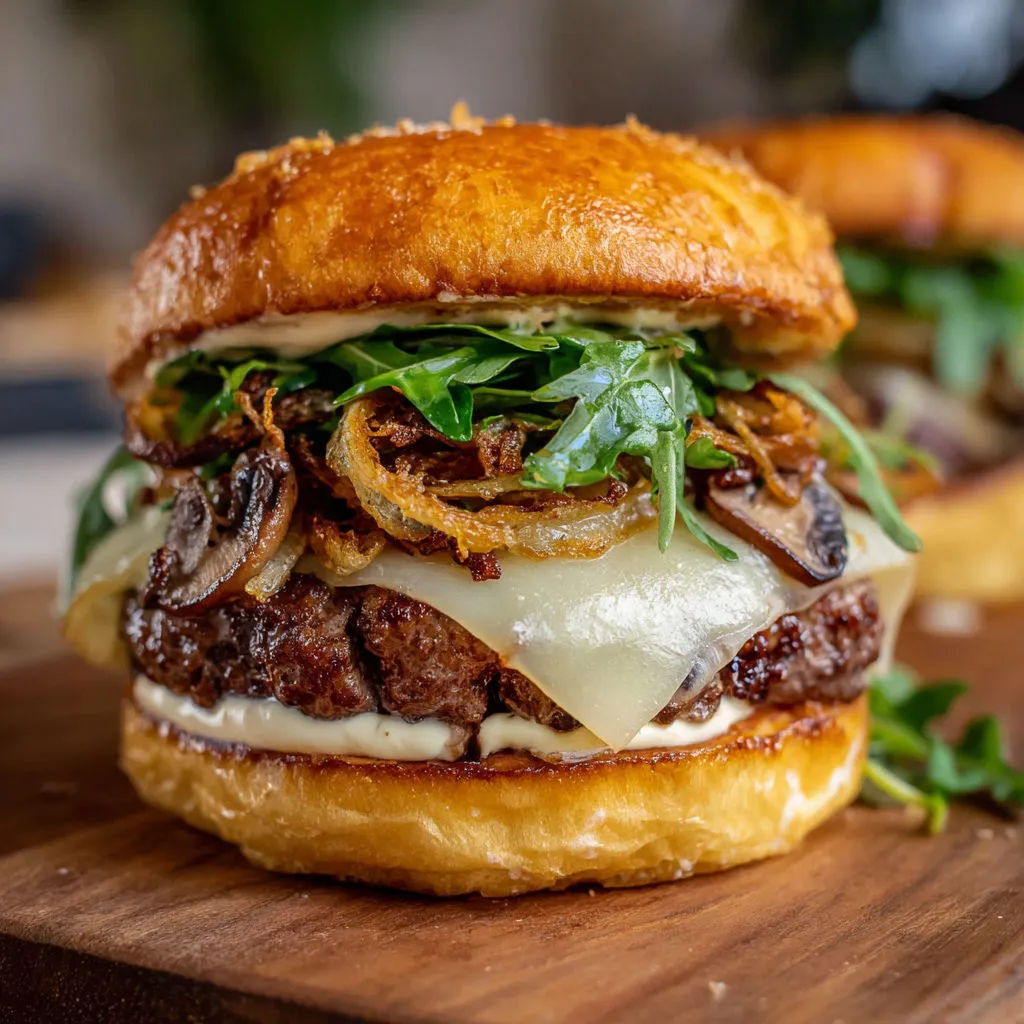 Burger gourmand d'automne avec poire, champignons et fromage coulant.