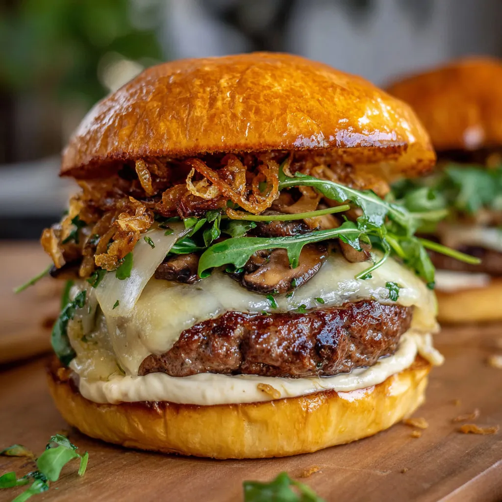 Le meilleur burger d'automne : noisettes, oignons crousti et fromage coulant.
