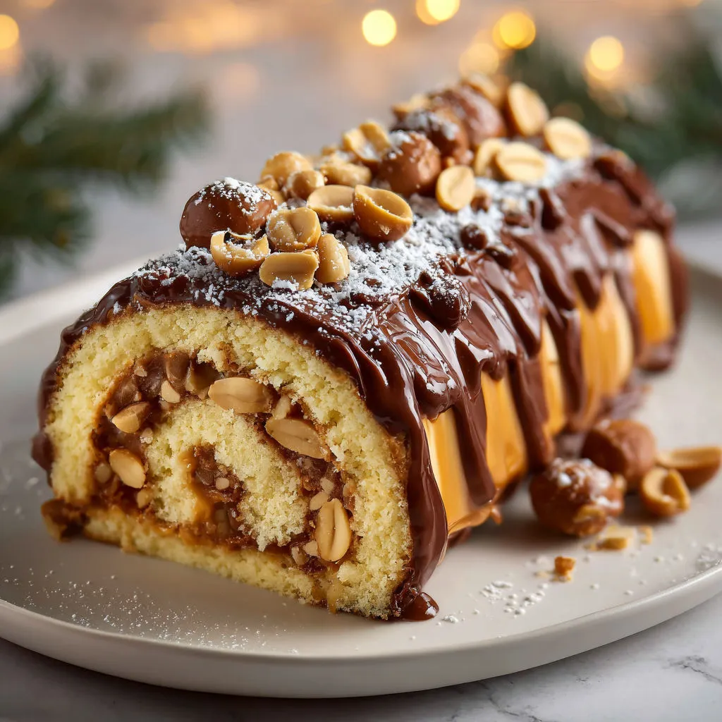 Bûche Festive aux Cacahuètes Caramélisées et Crème Vanillée.