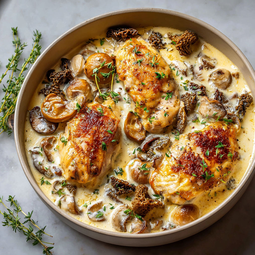 Cassolettes de poulet et morilles avec sauce crémeuse.