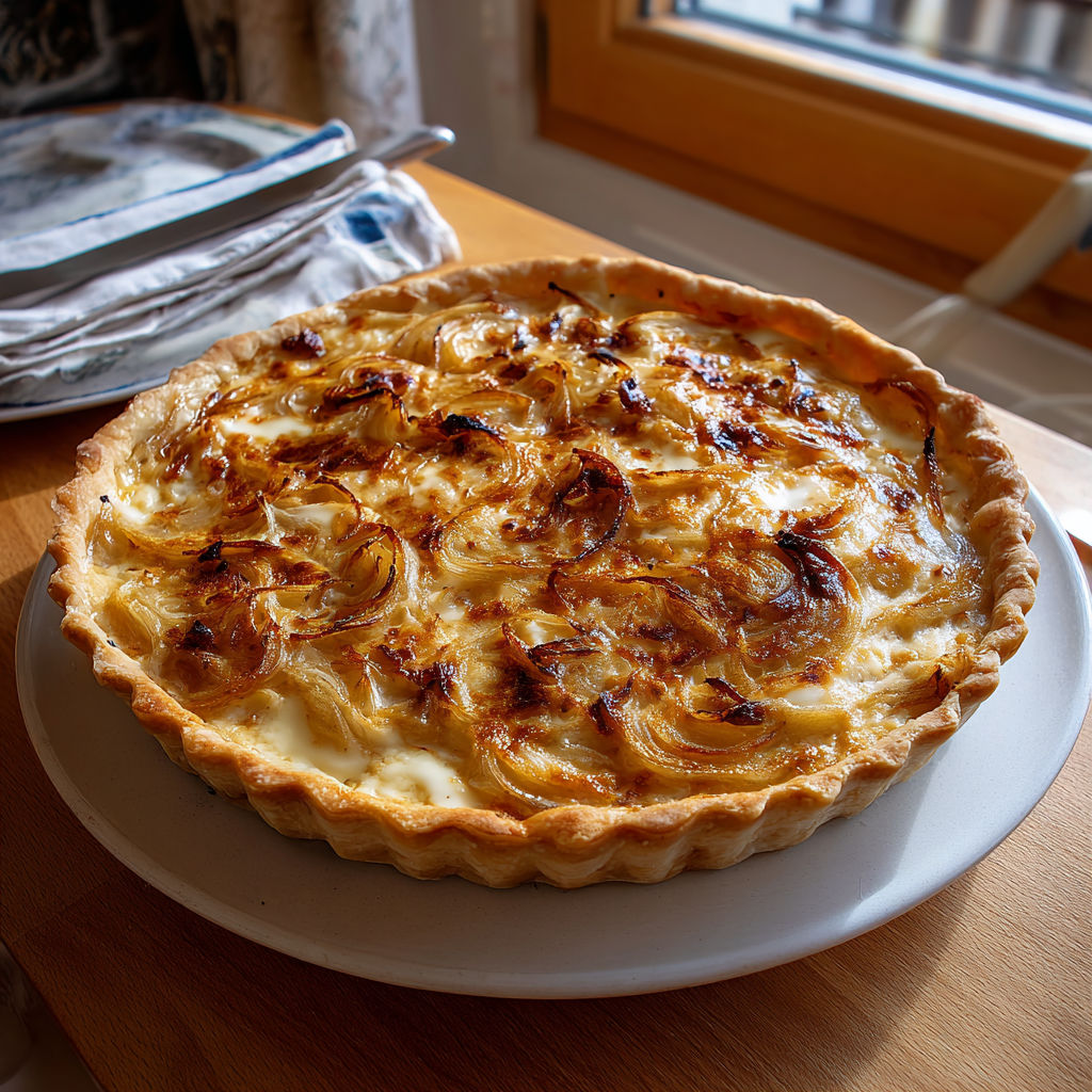 Une appétissante tarte avec oignons et reblochon sur un plat.