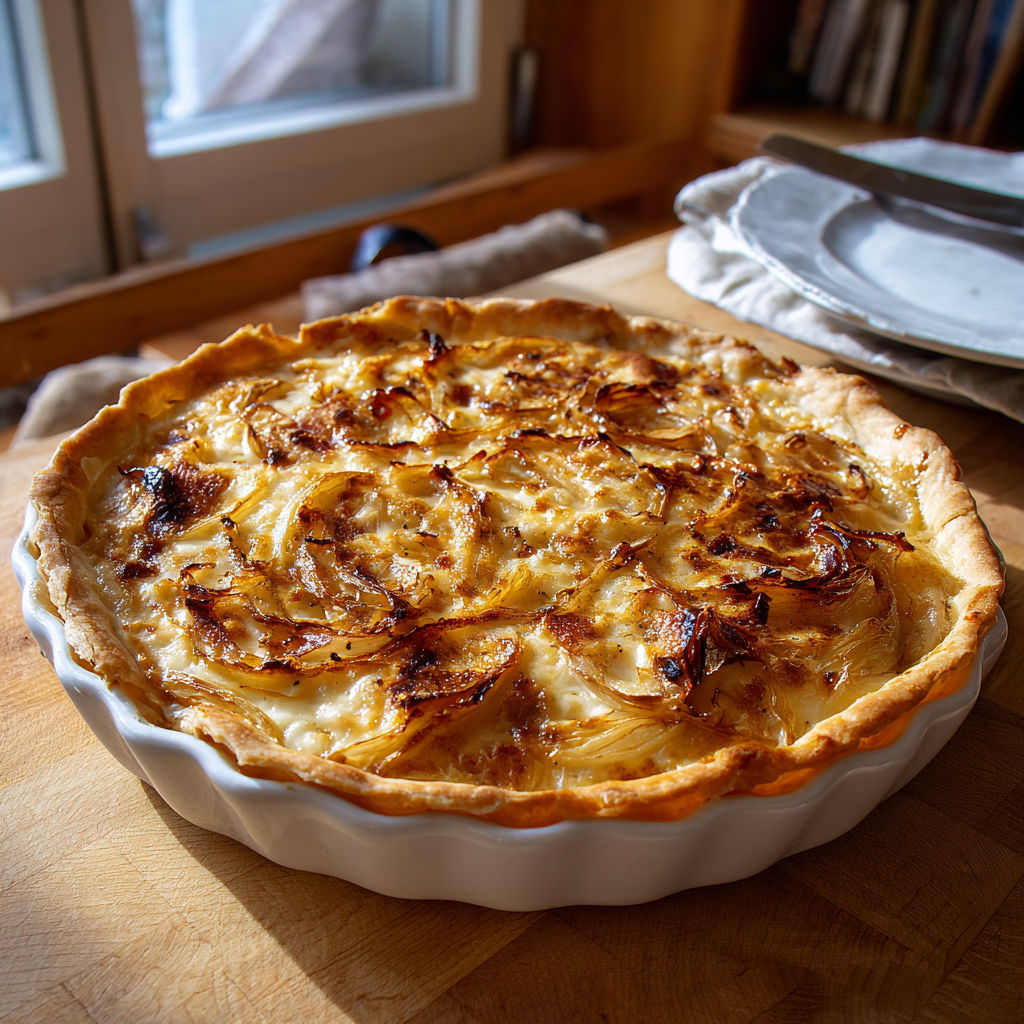 Tarte fondante oignons et reblochon, un délice savoyard.