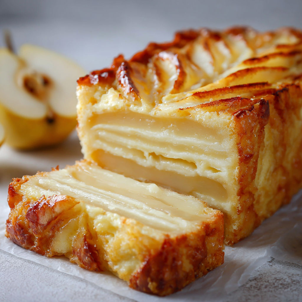 Gâteau poires et vanille avec une poire en décor.
