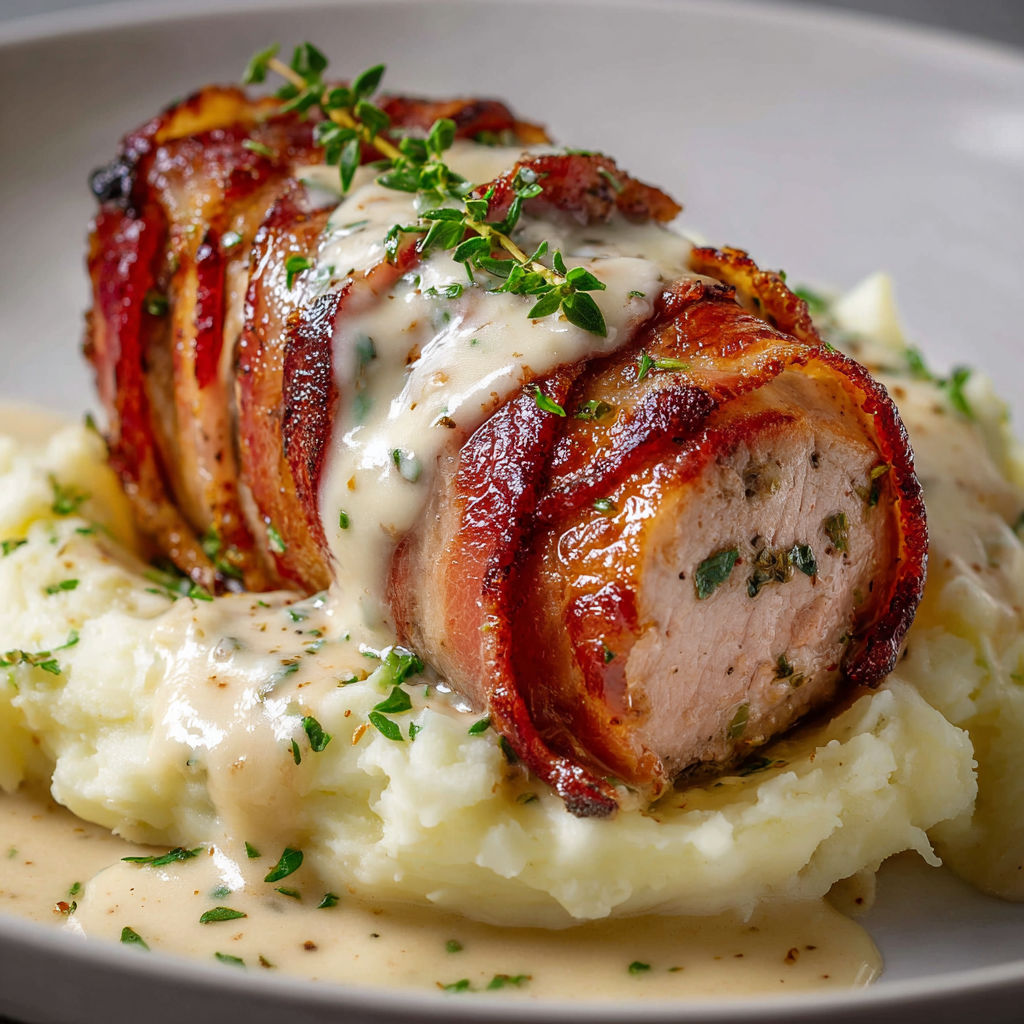 Porc enrobé de lard croustillant avec purée maison, servi sur une assiette généreuse.