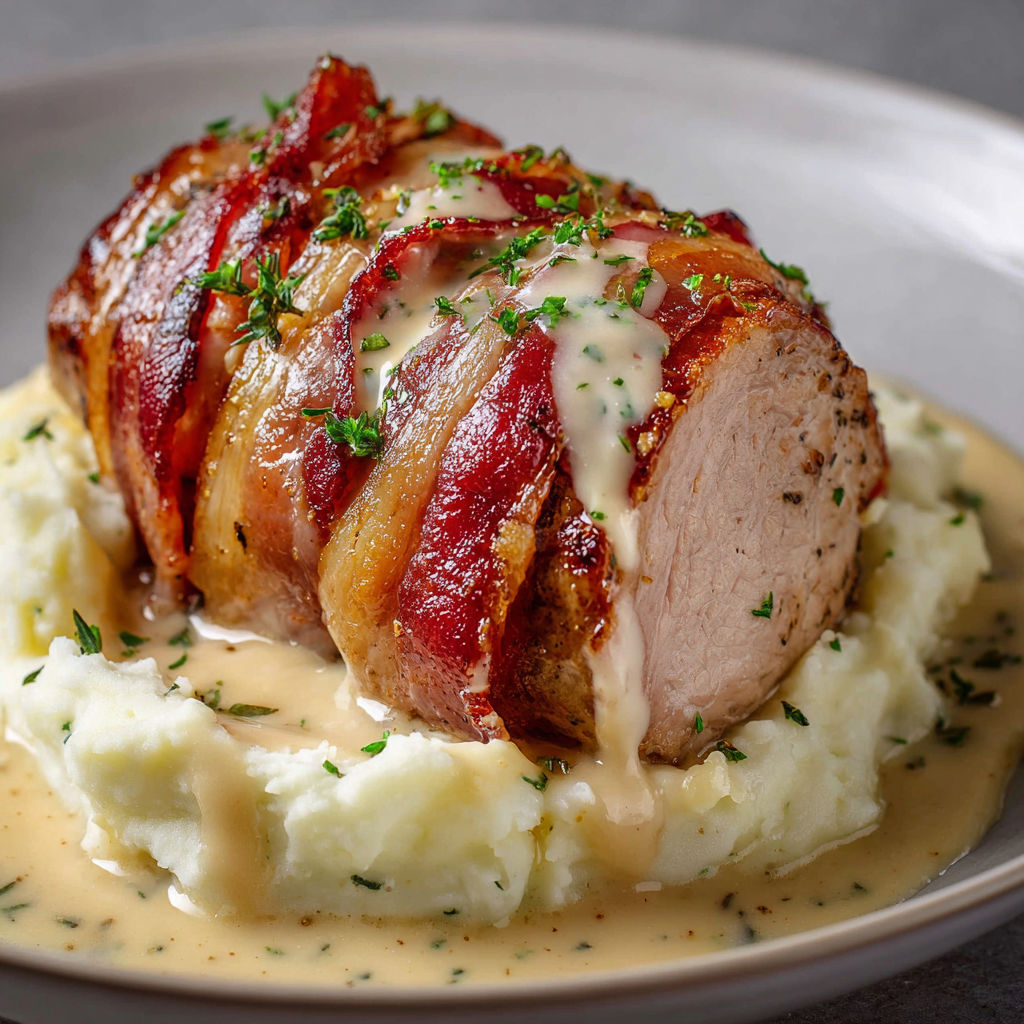 Filet mignon fondant au Boursin et lard, sur purée maison crémeuse.