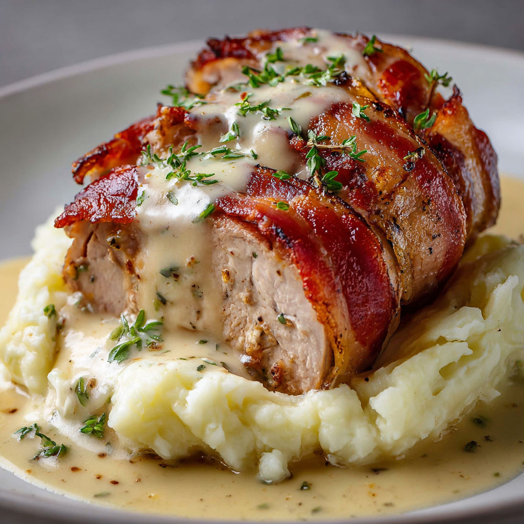 Filet mignon au lard et Boursin, sur purée maison toute soyeuse.