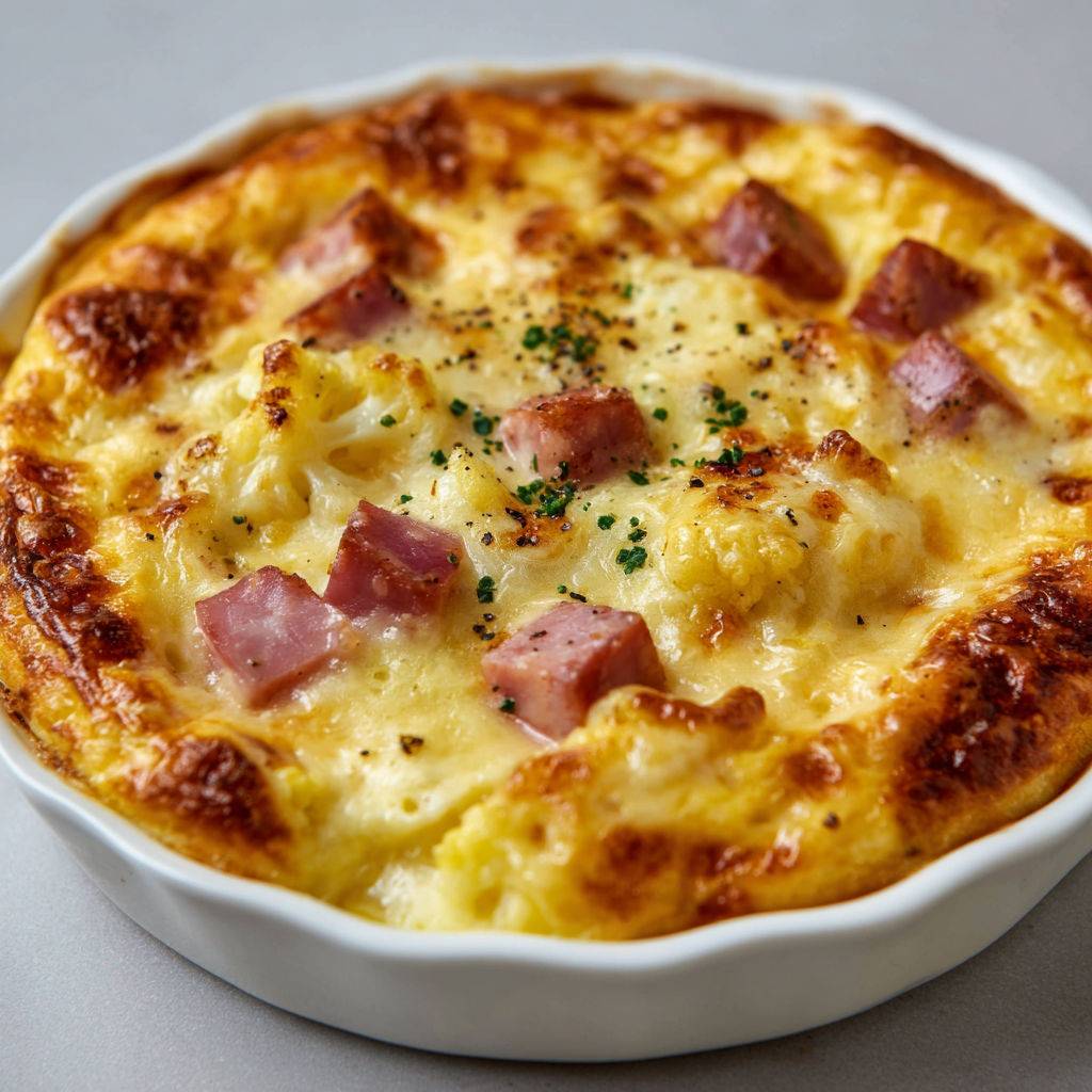 Un gratin au chou-fleur et jambon léger dans un plat blanc.