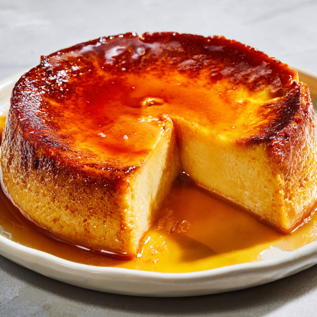 Une belle part de flan ultra fondant, prêt à être savourée.