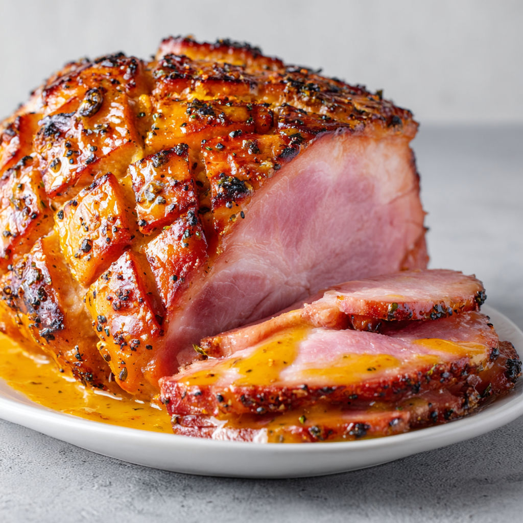 Une tranche épaisse de jambon festif garnie de miel et moutarde, servie sur un plateau.