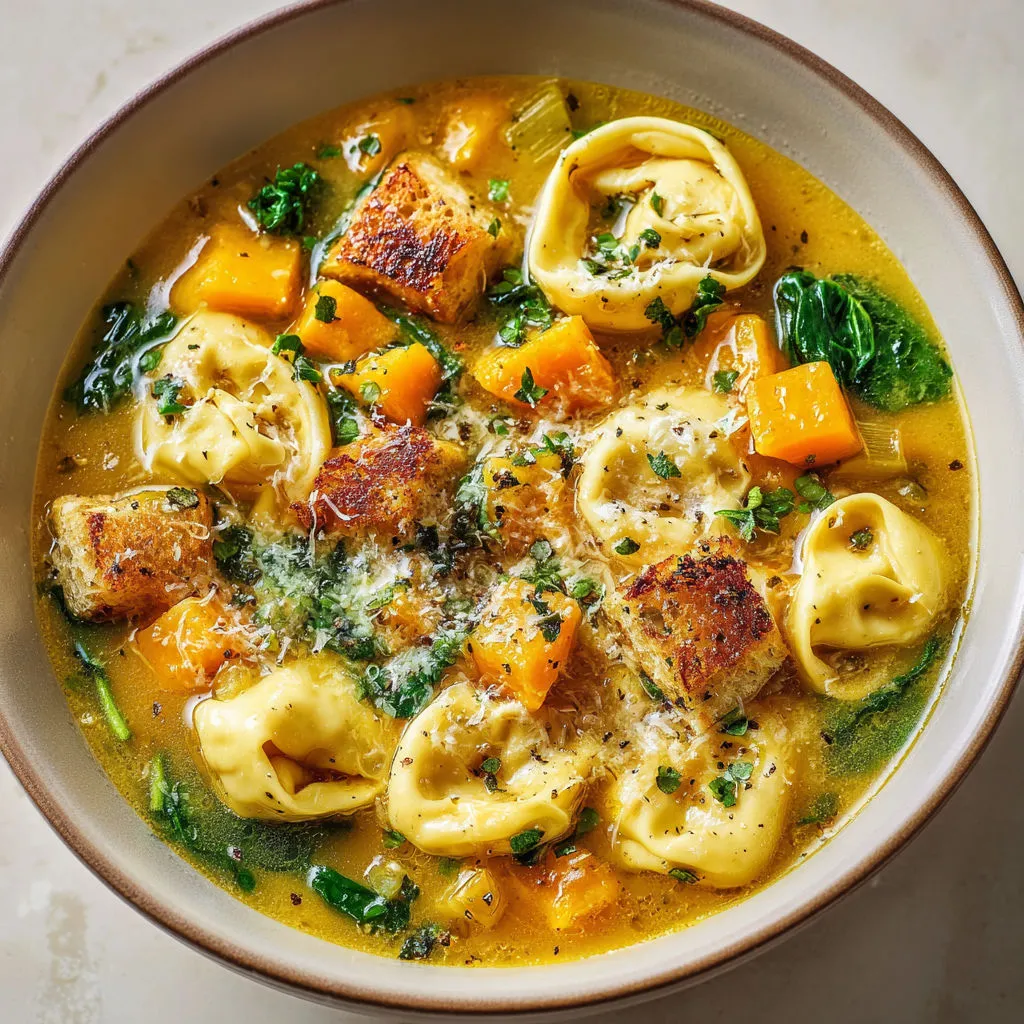 Soupe gourmande fromagée à la courge et tortellinis.