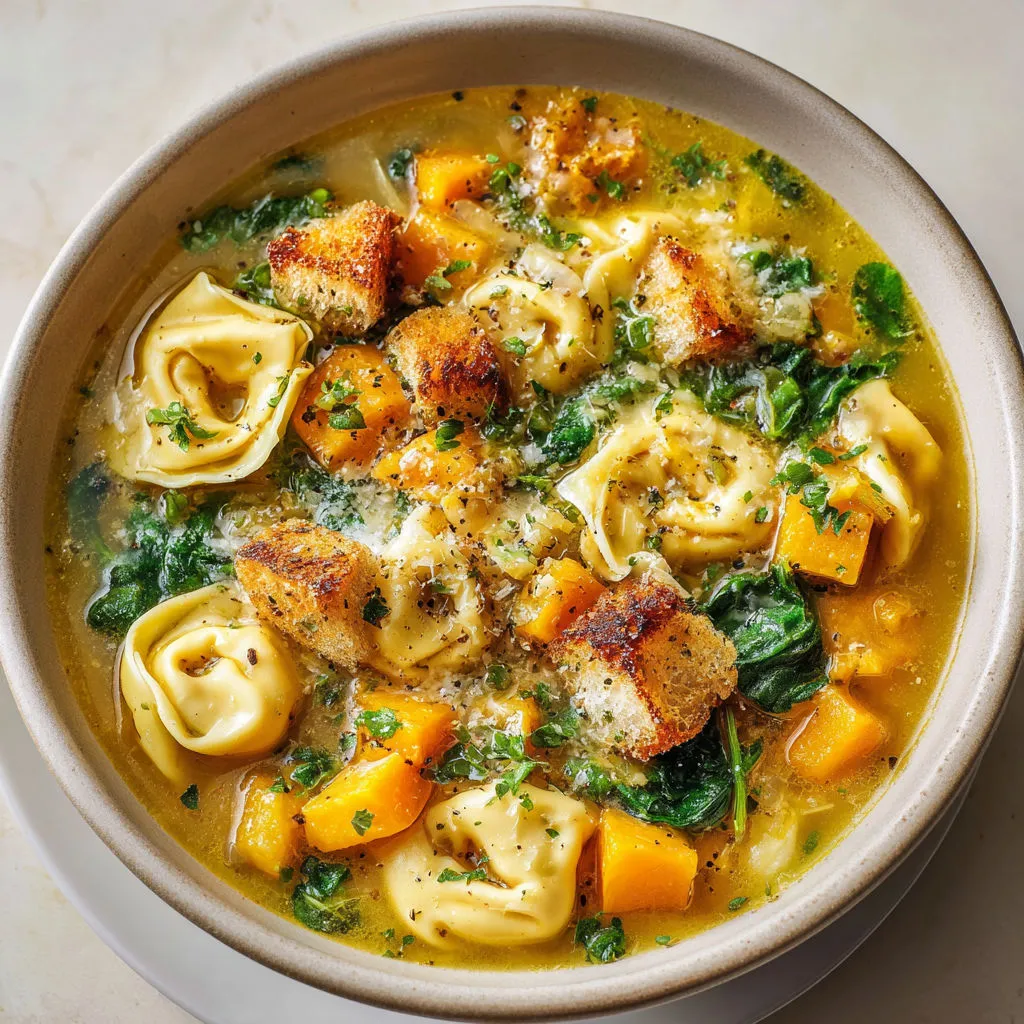 Velouté réconfortant tortellinis croûtons dorés.
