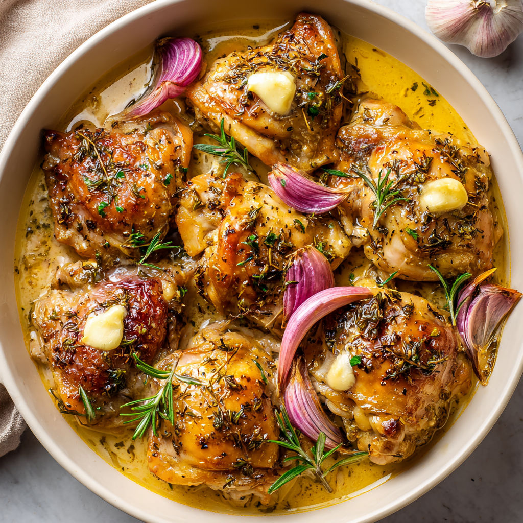 Poulet braisé doucement avec vin blanc et romarin.