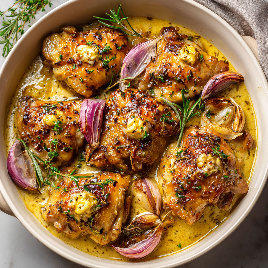 Poulet Rôti au Vin Blanc et Oignons Fondants.