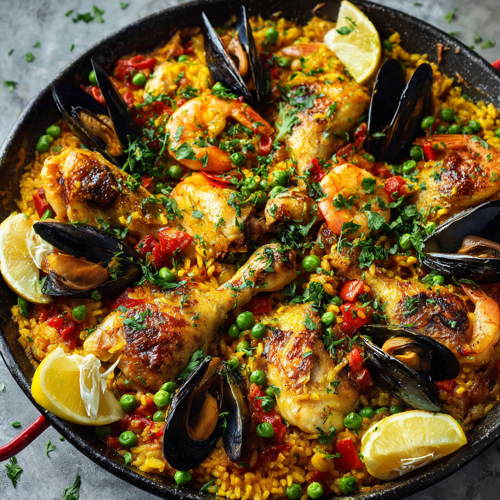 Un plat savoureux de poulet, riz, crevettes et légumes méditerranéens dans une poêle large.