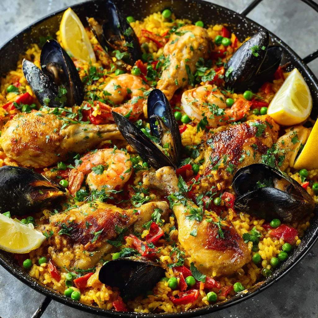 Délicieuse paella espagnole bien garnie, crevettes et poulet doré.