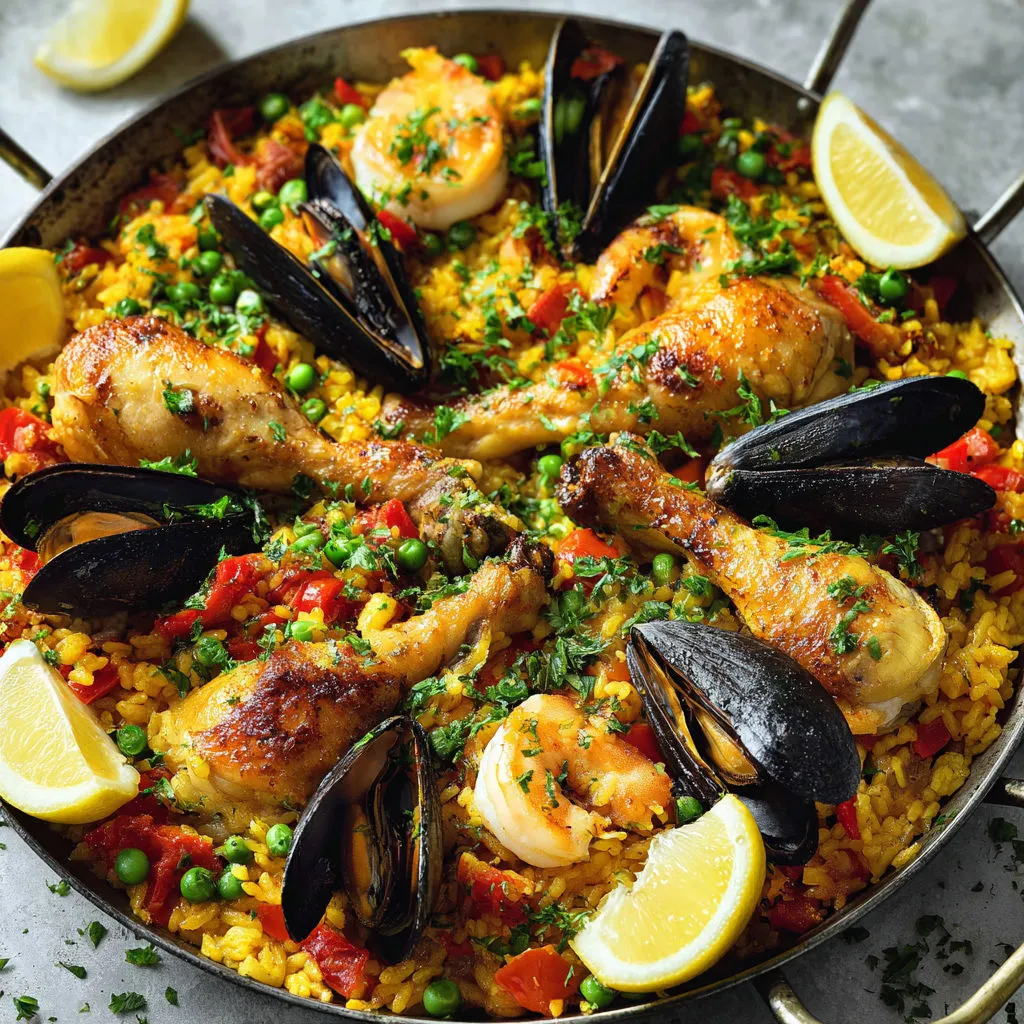 Grande poêle conviviale à la méditerranéenne, crevettes et riz doré au safran.