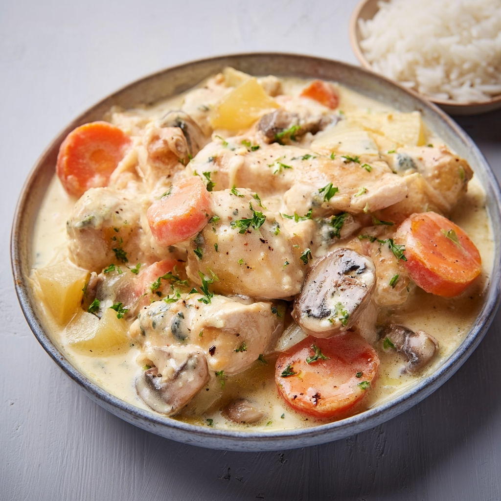 Un poulet moelleux servi avec une sauce au bleu et des légumes gourmands.