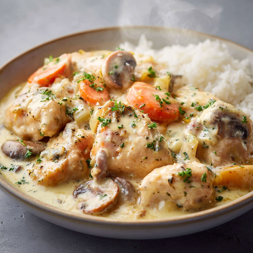 Poulet Onctueux au Bleu d’Auvergne et Légumes qui Fondent.