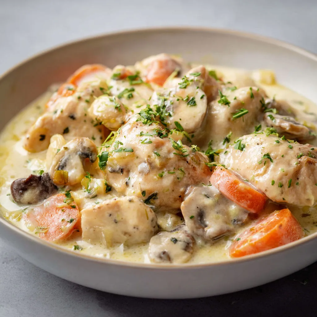 Délicieux Poulet Fermier et Champignons de Paris au Bleu d’Auvergne.