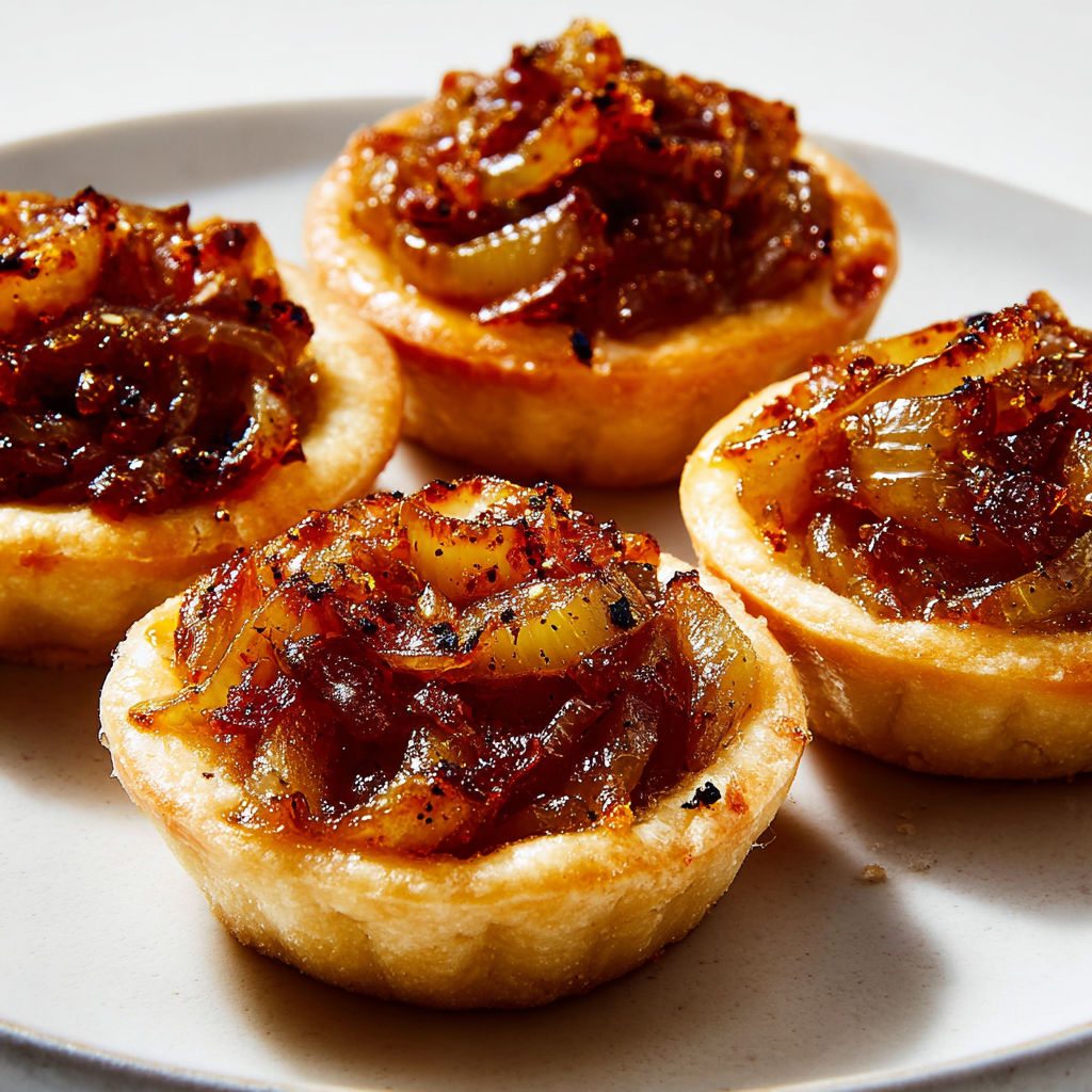Quatre tartelettes maison aux oignons et miel sur un plat.