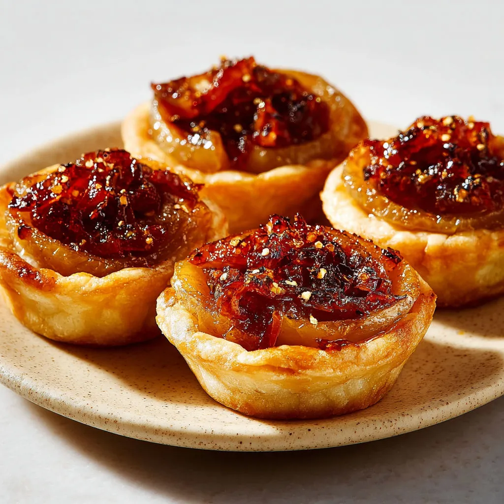 Délicieuses bouchées d’oignons caramélisés au miel et pâte dorée.