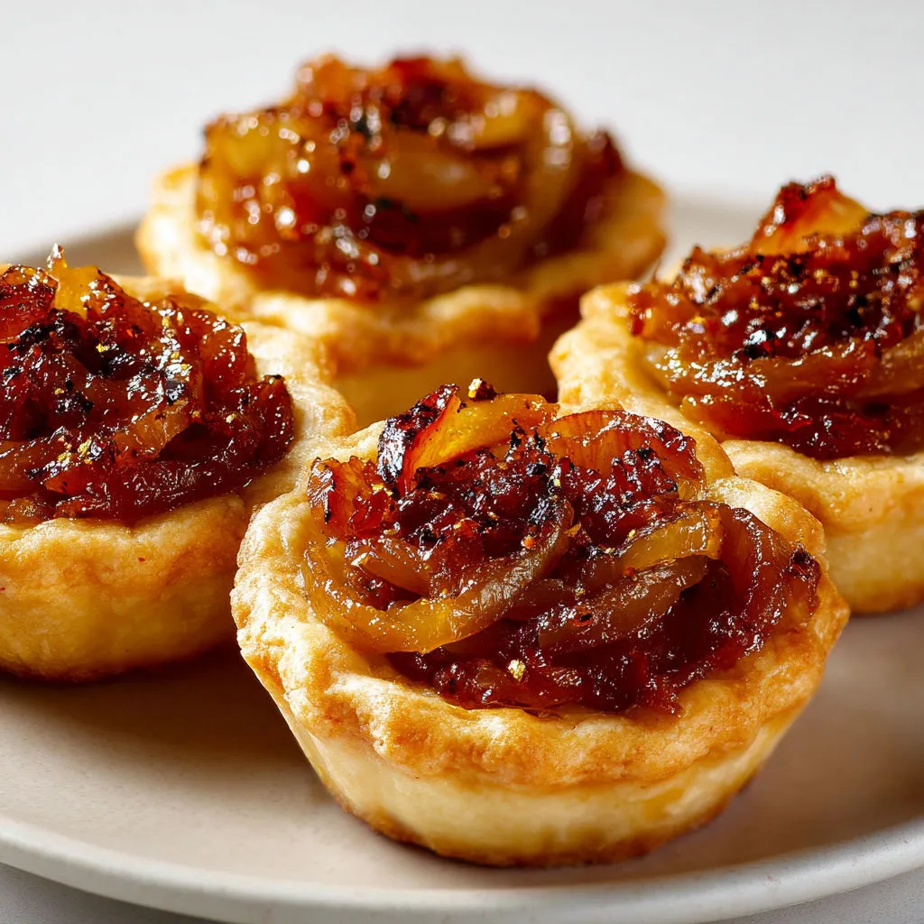 Mini bouchées d’oignons caramélisés et de miel, servies sur un plateau lors d’un apéro chic.